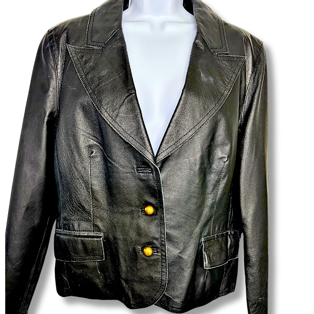 TAILORED LEATHER JACKET Black Y2K 80s 90s 2 Pockets Button Front Cool Girl SZXL